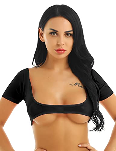 Freebily Damen Crop Top Kurz Brustfrei BH Oberteile Japan Anime Tshirt Top Kurzarm Unterhemd Bauchfrei Erotik Dessous Clubwear Schwarz_C Einheitsgröße von Freebily