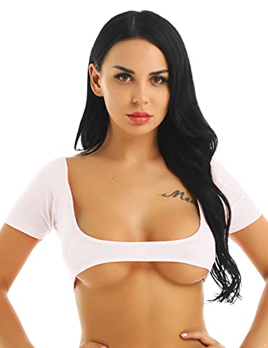 Freebily Damen Crop Top Kurz Brustfrei BH Oberteile Japan Anime Tshirt Top Kurzarm Unterhemd Bauchfrei Erotik Dessous Clubwear Weiß_C Einheitsgröße von Freebily