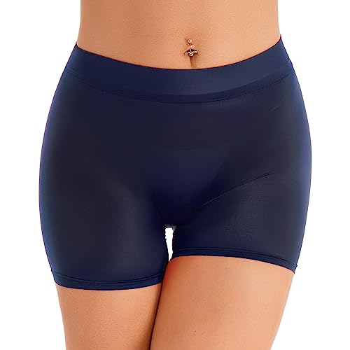 Freebily Damen Durchsichtige Shorts Unterwäsche Öl-Glanz/Matt Nylon Panties Boxer Briefs Stretch Boyleg Unterhose Schlüpfer Reizwäsche A_Marineblau Einheitsgröße von Freebily