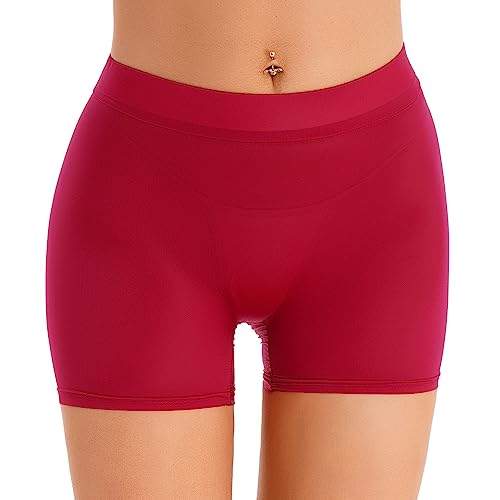 Freebily Damen Durchsichtige Shorts Unterwäsche Öl-Glanz/Matt Nylon Panties Boxer Briefs Stretch Boyleg Unterhose Schlüpfer Reizwäsche A_Rot Einheitsgröße von Freebily