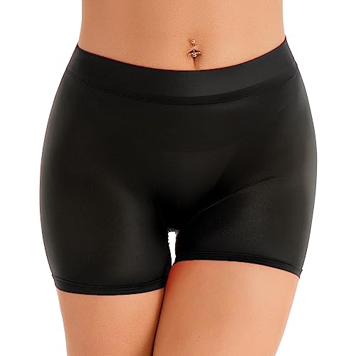 Freebily Damen Durchsichtige Shorts Unterwäsche Öl-Glanz/Matt Nylon Panties Boxer Briefs Stretch Boyleg Unterhose Schlüpfer Reizwäsche A_Schwarz Einheitsgröße von Freebily