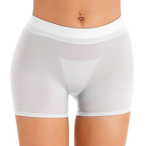 Freebily Damen Durchsichtige Shorts Unterwäsche Öl-Glanz/Matt Nylon Panties Boxer Briefs Stretch Boyleg Unterhose Schlüpfer Reizwäsche A_Weiß Einheitsgröße von Freebily