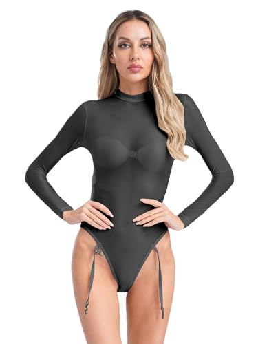Freebily Damen Durchsichtiger Body Öl Glänzend Nylon Catsuit Transparent Langarmbody Mit 4-Strapse Dessous Lingerie Schwarz Einheitsgröße Freebily Damen Durchsichtiger Body Öl Glänzend Nylon Catsuit Transparent Langarmbody Mit 4-Strapse Dessous Lingerie Schwarz Einheitsgröße von Freebily