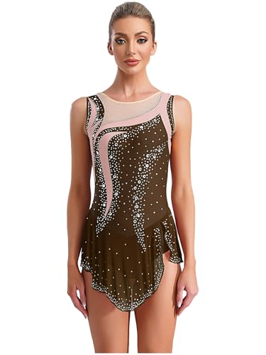Freebily Damen Eiskunstlauf Kleid Glitzer Ärmelloses Ballett Tanzkleid Trikot Mit Kontrastfarbe-Patchwork Rhythmische Gymnastik Tanzkostüm Braun S von Freebily