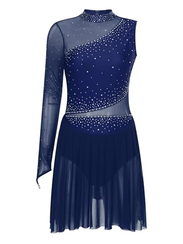 Freebily Damen Eiskunstlauf Kleid Glitzer Tanzkleid Trikot Asymmetrisch-Langarm Mit Mesh-Patchwork Rollkunstlauf Gymnastik Tanzkostüm Marineblau S von Freebily