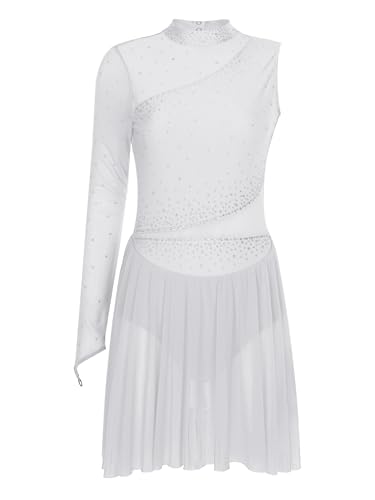 Freebily Damen Eiskunstlauf Kleid Glitzer Tanzkleid Trikot Asymmetrisch-Langarm Mit Mesh-Patchwork Rollkunstlauf Gymnastik Tanzkostüm Weiß S von Freebily