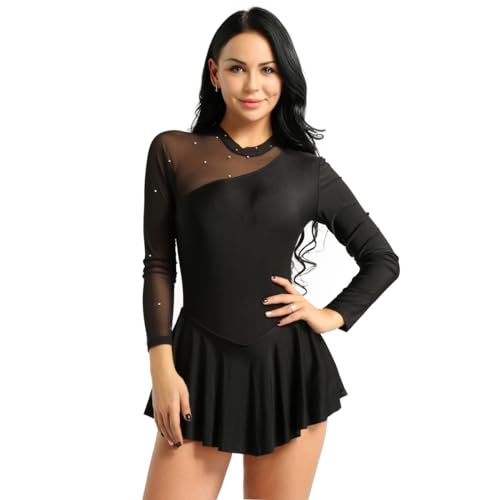 Freebily Damen Eiskunstlaufkleid Langarm Glänzend Strass Mesh Ballettkleid Eislaufen Skating Kleid Tanz Trikot Sportbody Gymnastikanzug Schwarz M von Freebily