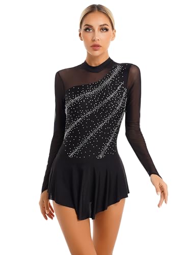 Freebily Damen Eiskunstlaufkleid Langarm Glänzend Strass Mesh Ballettkleid Eislaufen Skating Kleid Tanz Trikot Sportbody Gymnastikanzug Schwarz N M von Freebily