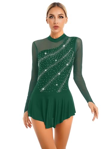 Freebily Damen Eiskunstlaufkleid Langarm Mesh Eislaufen Ballettkleid Tanz Trikot Mit Strass Glitzer Gymnastikanzug Skating Kleid Grün L von Freebily