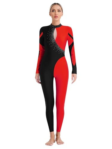 Freebily Damen Ganzkörperanzug Gymnastik Turnanzug Langarm Ganzkörper Tanztrikot Eislaufen Ballett Body Tanzkleidung Rot_A S von Freebily