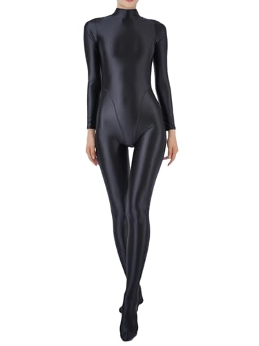 Freebily Damen Glänzend Jumpsuit Ganzkörperanzug Sport Bodysuit Yoga Overall Eng Einteiler Ganzkörper Kostüm Gymnastik Tanz Ballett Leotard Schwarz XXL von Freebily