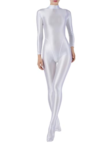 Freebily Damen Glänzend Jumpsuit Ganzkörperanzug Sport Bodysuit Yoga Overall Eng Einteiler Ganzkörper Kostüm Gymnastik Tanz Ballett Leotard Weiß L von Freebily