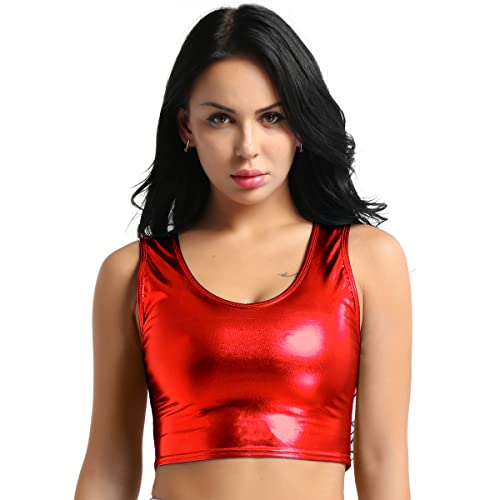 Freebily Damen Glänzend Metallic Crop Tank Top T-Shirt Bauchfrei Wetlook Shirt Sport Tanz Oberteil Fastnacht Party Gogo Rave Outfit Clubwear Rot Einheitsgröße von Freebily