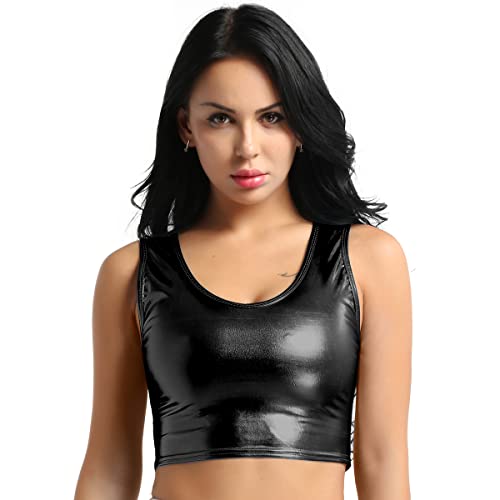 Freebily Damen Glänzend Metallic Crop Tank Top T-Shirt Bauchfrei Wetlook Shirt Sport Tanz Oberteil Fastnacht Party Gogo Rave Outfit Clubwear Schwarz Einheitsgröße von Freebily