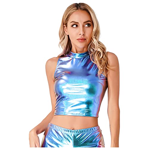 Freebily Damen Glänzend Metallic Crop Top Tank Top Wetlook Kunstleder T-Shirt Weste Party Clubwear Bunt Top M von Freebily