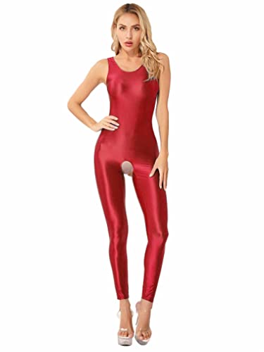 Freebily Damen Glänzend Nylon Bodysuit Sexy Glatt Ganzkörperanzug Jumpsuit Strümpfe Leggings Einteiler Dessous Tanz Clubwear Burgundy_I XL von Freebily