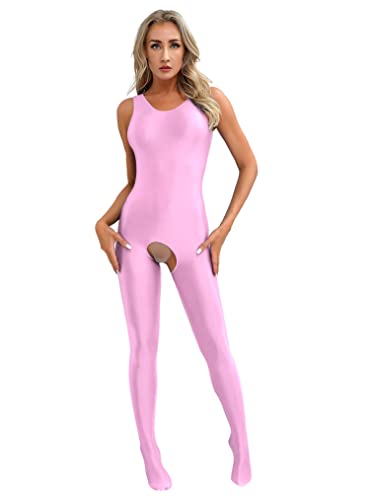 Freebily Damen Glänzend Nylon Bodysuit Sexy Glatt Ganzkörperanzug Jumpsuit Strümpfe Leggings Einteiler Dessous Tanz Clubwear Rosa_J M von Freebily