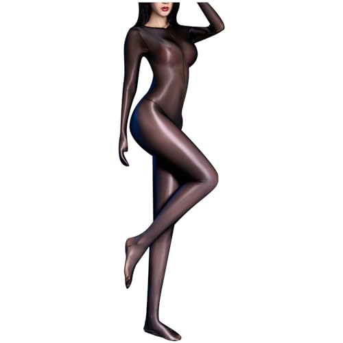 Freebily Damen Glänzend Transparent Bodystocking Glatte Nylon Bodysuit Ganzkörper Strümpfe Jumpsuit Sexy Erotische Babydoll Negligee A_Schwarz Einheitsgröße von Freebily