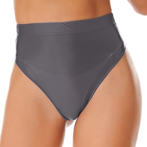 Freebily Damen Glänzend Slip Seiden-Optik Brazilian Bikini Slip Thong High Cut Glossy Nylon Unterhose Hipster Badehose Bauchweg Reizwäsche B_Grau L von Freebily