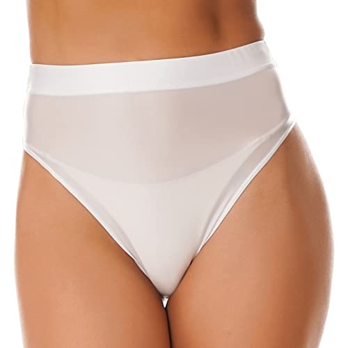 Freebily Damen Glänzend Slip Seiden-Optik Brazilian Bikini Slip Thong High Cut Glossy Nylon Unterhose Hipster Badehose Bauchweg Reizwäsche B_Weiß L von Freebily