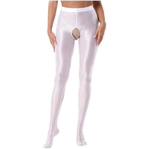 Freebily Damen Glänzend Strumpfhosen Sexy Offener Schritt Seiden-Glanz Glatte Leggings Frauen Feinstrumpfhose Crotchless Weiß XXL von Freebily