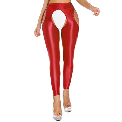 Freebily Damen Glänzend Strumpfhosen Offener Schritt Glanz Nylon Seideglatte Strümpfe Leggings Feinstrumpfhose Crotchless L Rot XXL von Freebily