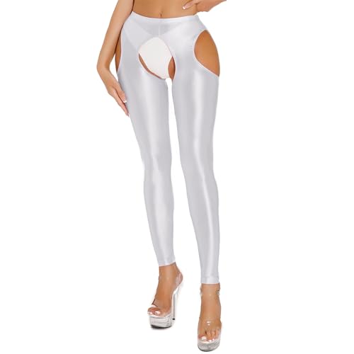 Freebily Damen Glänzend Strumpfhosen Offener Schritt Glanz Nylon Seideglatte Strümpfe Leggings Feinstrumpfhose Crotchless L Weiß XXL von Freebily