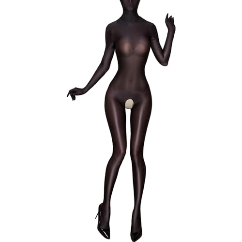 Freebily Damen Bodystocking öl Glänzend Ouvert Nylon Catsuit Transparent Jumpsuit Mit Kopfmaske Handschuhe Sexy Full Body Stockings Erotische Negligee Schwarz Einheitsgröße von Freebily