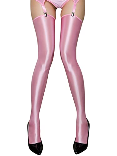 Freebily Damen Glänzende Overknie Strümpfe Sexy Halterlose Strümpfe Wetlook Stockings Erotik Überknie Strümpfe Leggings Dessous für Cosplay Nachtclub Clubwear Rosa One Size von Freebily