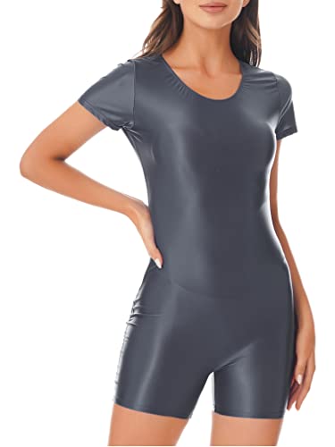 Freebily Damen Glanz Glatte Nylon Body Overall Sport Ballett Tanz Trikot Turnanzug Biker Training Bodysuit Strampler Clubwear Grau XL von Freebily