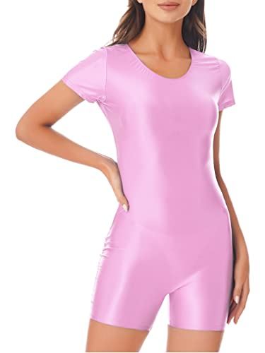 Freebily Damen Glanz Glatte Nylon Body Overall Sport Ballett Tanz Trikot Turnanzug Biker Training Bodysuit Strampler Clubwear Rosa XL von Freebily