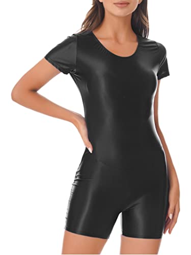 Freebily Damen Glanz Glatte Nylon Body Overall Sport Ballett Tanz Trikot Turnanzug Biker Training Bodysuit Strampler Clubwear Schwarz M von Freebily