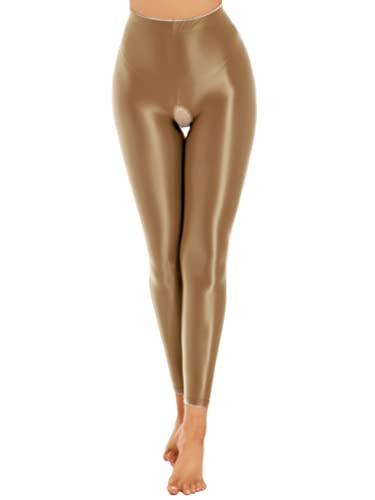 Freebily Damen Glanz Leggings Ouvert Glatte Glossy Strumpfhose Open Crotch Pantyhose Erotik Dessous Unterwäsche Reizwäsche Hose A_Kaffee L von Freebily