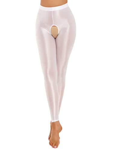 Freebily Damen Glanz Leggings Ouvert Glatte Glossy Strumpfhose Open Crotch Pantyhose Erotik Dessous Unterwäsche Reizwäsche Hose A_Weiß L von Freebily