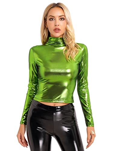 Freebily Damen Glanz Liquid Metallic Crop Top Sexy Glänzend Langarm T-Shirt Jumper mit Rollkragen Sparkly Rave Clubwear Top A_Grün M von Freebily