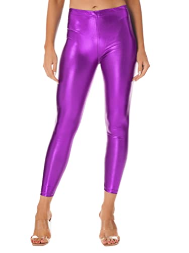 Freebily Damen Glitzer Metallic Leggings Kunstleder Hose Tights Slim Fit Sport Yoga Fitness Trainingshose Festival Party Nachtclub Pants Violett One Size von Freebily