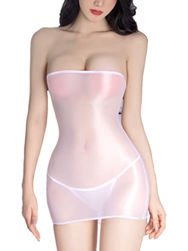 Freebily Damen Glossy Nylon Minikleid Bodycon Sexy Trägerlose Glanz Bleistiftkleider Stretch Unterröcke Miederkleider Weiß_C Einheitsgröße von Freebily