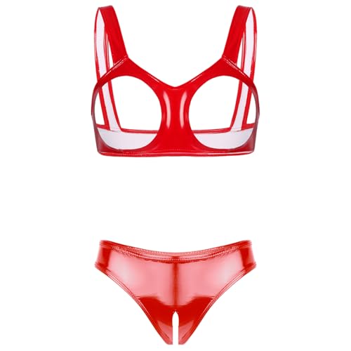 Freebily Damen Lackleder Dessous Ouvert String Slip Wetlook BH Set Büstenhebe Offen Sexy Push Up Set Leder Reizwäsche Erotische Unterwäsche Rot W M von Freebily