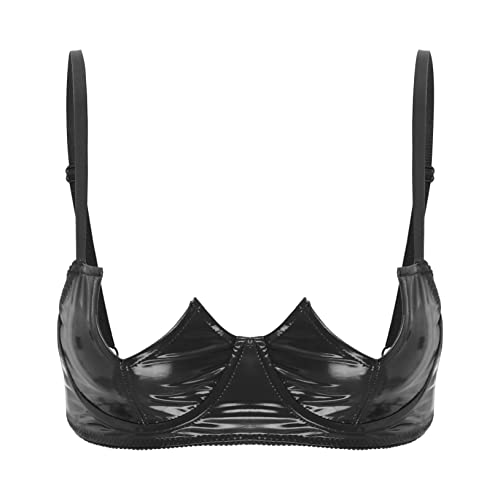 Freebily Damen Leder BH Nippelfrei Wetlook Cupless Reizwäsche Offene Büste Bustier Open Cup Bra Top Verführerisch Dessous Unterwäsche Schwarz_F 3XL von Freebily