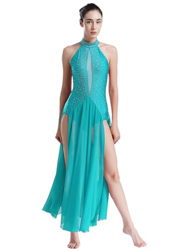 Freebily Damen Lyrische Tanzkleider Lang Neckholder Ballett Tanz-Trikot Swing Maxikleid Rückenfrei Ballsaal Zeitgenössische Tanzkostüme Blaugrün S von Freebily