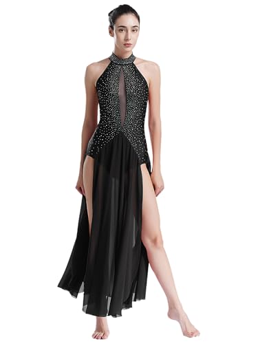 Freebily Damen Lyrische Tanzkleider Lang Neckholder Ballett Tanz-Trikot Swing Maxikleid Rückenfrei Ballsaal Zeitgenössische Tanzkostüme Schwarz M von Freebily