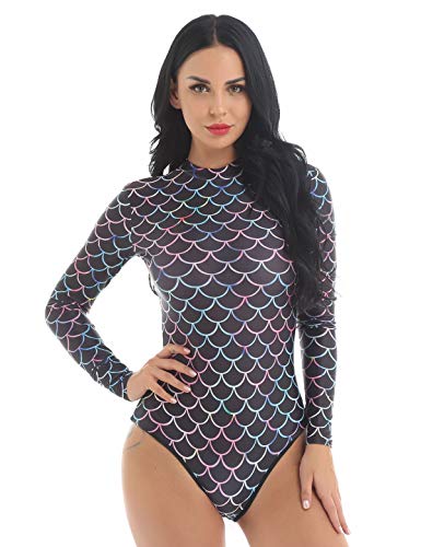Freebily Damen Meerjungfrau Bikini Langarm Rash Guard Fischschuppen Bodysutit Badeanzug Bademode Einteilige Badebekleidung Strandmode Schwarz L-XL von Freebily