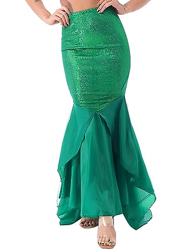 Freebily Damen Meerjungfrau Schwanz Kostüm Rock Mermaid Tail Pailletten Röcke Maxirock Festlich Bodenlang für Karneval Fasching Halloween Party Grün XXL von Freebily