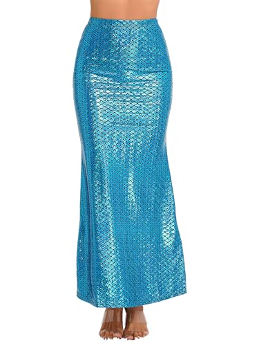 Freebily Damen Meerjungfrau Schwanz Kostüm Rock Mermaid Tail Pailletten Röcke Maxirock Festlich Bodenlang für Karneval Fasching Halloween Party Blau C XL von Freebily