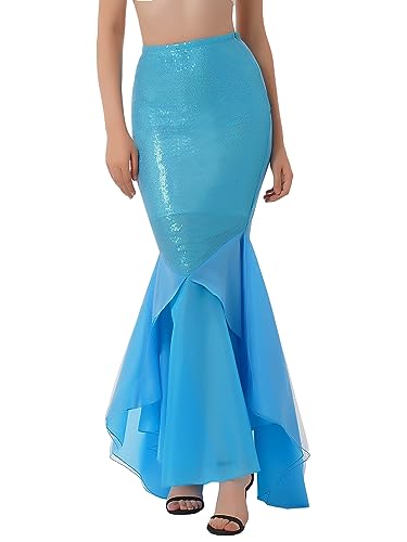 Freebily Damen Meerjungfrau Schwanz Kostüm Rock Mermaid Tail Pailletten Röcke Maxirock Festlich Bodenlang für Karneval Fasching Halloween Party Blau S von Freebily