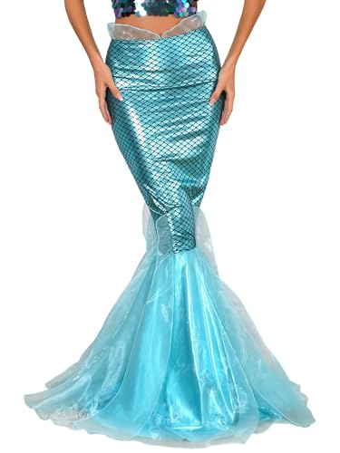 Freebily Damen Meerjungfrau Schwanz Kostüm Rock Pailletten Maxirock Mermaid Tail Röcke Festlich Bodenlang für Karneval Fasching Halloween Party Blau G M von Freebily