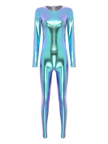 Freebily Damen Metallic Body Space Alien Kostüm Jumpsuit Glänzend Gymnastik Ballett Trikot Tanzoverall Karneval Party Clubwear Ganzkörperanzug Blau S von Freebily
