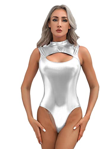 Freebily Damen Metallic Bodysuit Glänzend Tanzbody Ballett Leotard Gymnastikanzug Turnanzug Disco Party Gogo Tanzkleidung Overall Silber M von Freebily