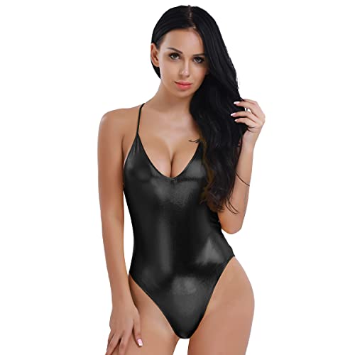 Freebily Damen Metallic Bodysuit Leder Tief V-Ausschnitt Glitzer Bikini Monokini Ballettanzug Body Tanz Trikot Thong Leotard Schwarz S von Freebily