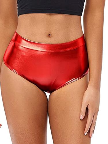 Freebily Damen Metallic Hotpants Glänzend Mini Booty Shorts Panties Disco Miederpants Gogo Leggings Kurze Hose Sommer Tanz Shorts Rot F M von Freebily